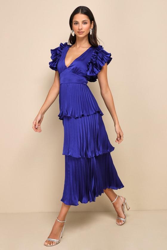 Stunning Desire Cobalt Blue Satin Pleated Tiered Midi Dress Product Image