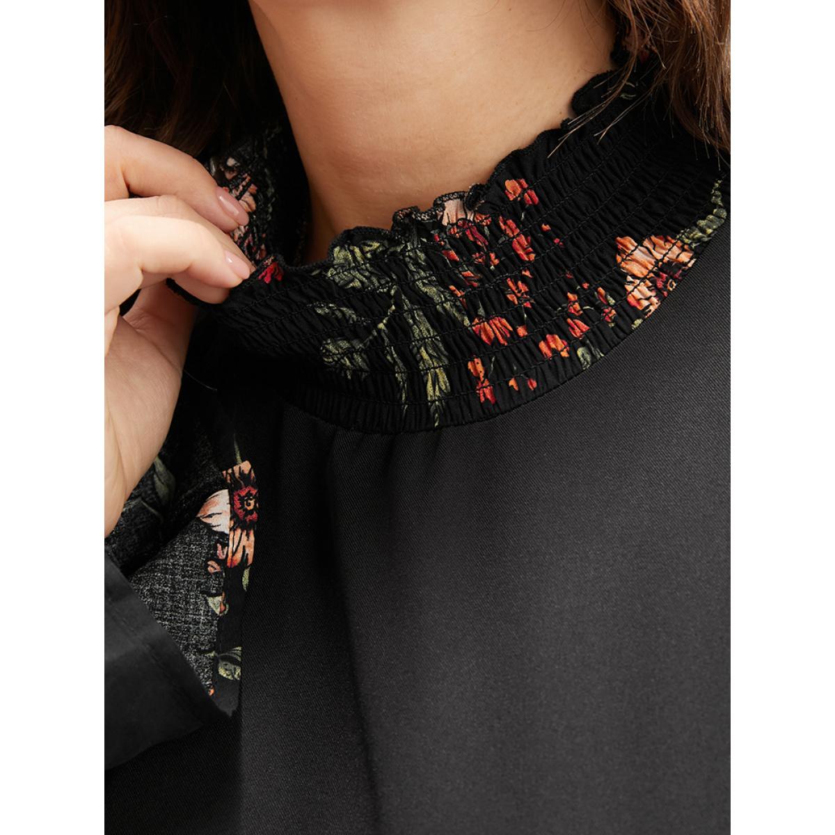 Plus Size Floral Patchwork Lantern Sleeve Pocket Belted Shirred Mock Neck Dress Black Women Elegant Patchwork Mock Neck Long Sleeve Curvy Midi Dress BloomChic 14-16/1X Product Image