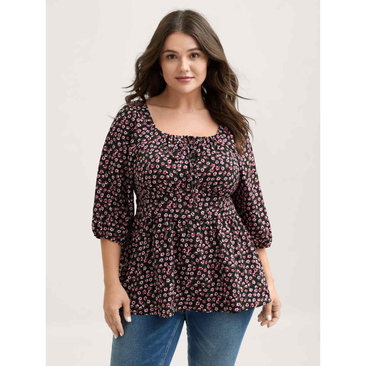 Plus Size BlackFlower Floral Adjustable Drawstring Neck Shirred Blouse Women Timeless Elbow-length sleeve Square Neck Elegant Blouses BloomChic 10/M Product Image