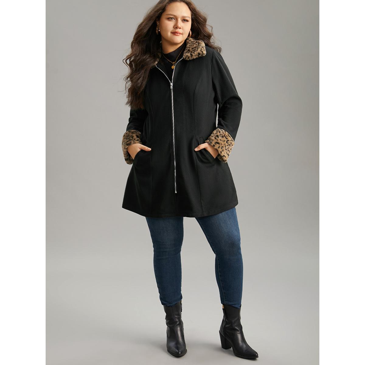 Plus Size Leopard Patchwork Fuzzy Trim Zipper Coat Women Black Casual Contrast Ladies Dailywear Winter Coats BloomChic 30/6X Product Image