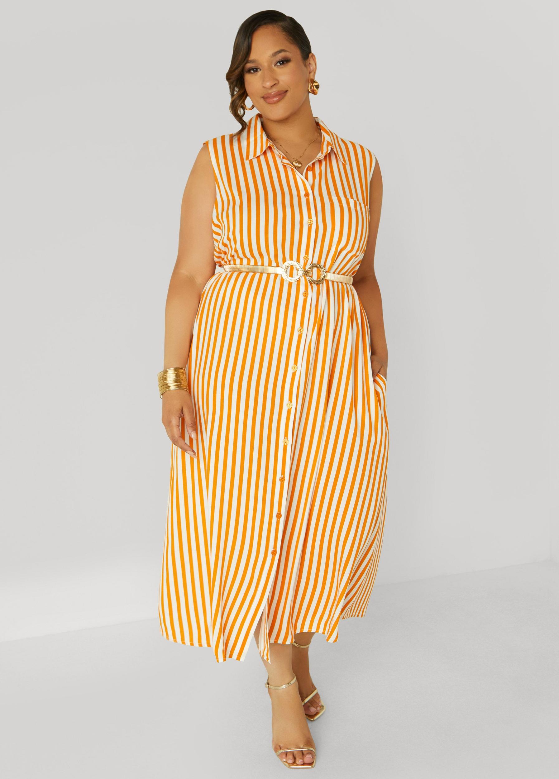 Plus Size Button Front Striped Shirtdress Ashley Stewart Product Image