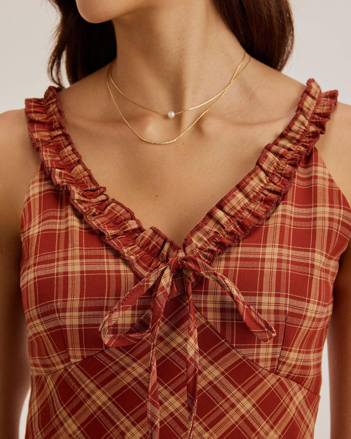 Red Plaid V Neck Slip Maxi Dress Product Image