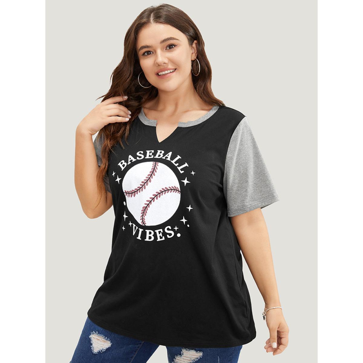 Plus Size Letter & Leaf Print Contrast Notched Neck T-shirt Black Women Casual Contrast Graphic Dailywear T-shirts BloomChic 22-24/3X Product Image