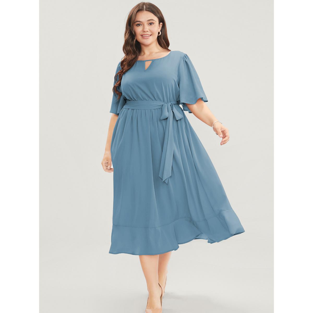 Plus Size Solid Keyhole Round Neck Pocket Belted Flutter Dress Stone Women Office Belted Round Neck Half Sleeve Curvy Midi Dress BloomChic 12/L Product Image