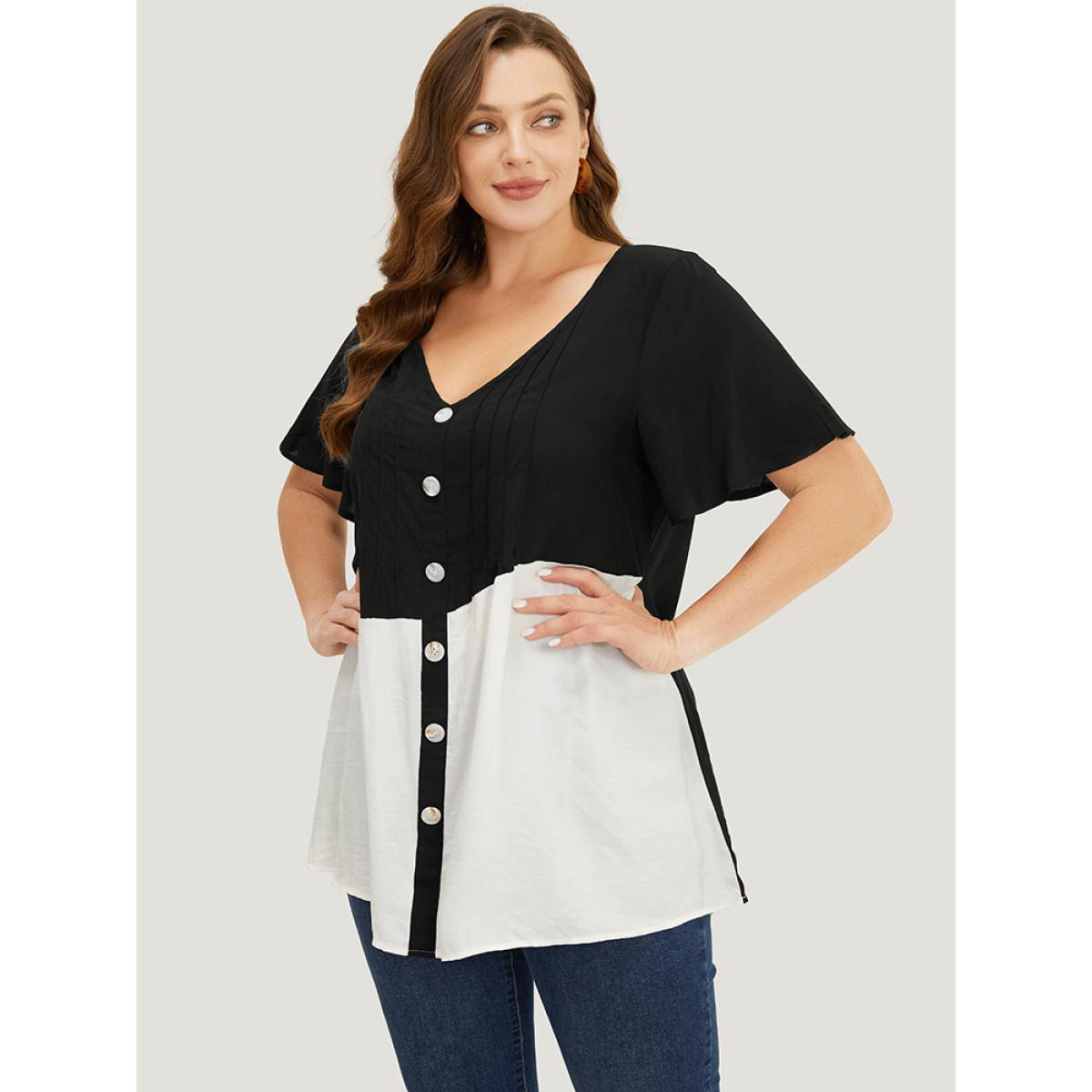 Plus Size Black Colorblock Contrast Pleated Button Detail Ruffle Sleeve Blouse Women Elegant Short sleeve V-neck Dailywear Blouses BloomChic 18-20/2X Product Image