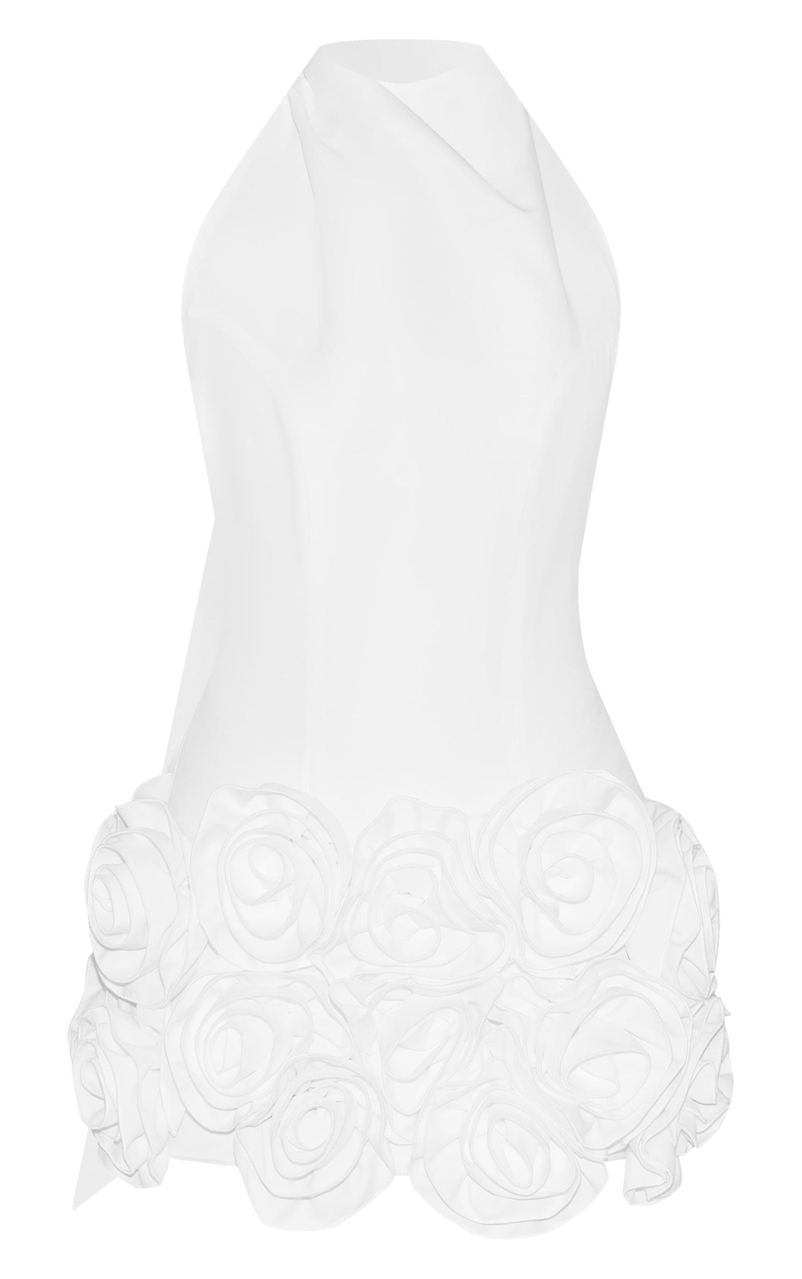 Premium White Woven Floral Ruffle Detail High Neck Cowl Bodycon Dress Product Image