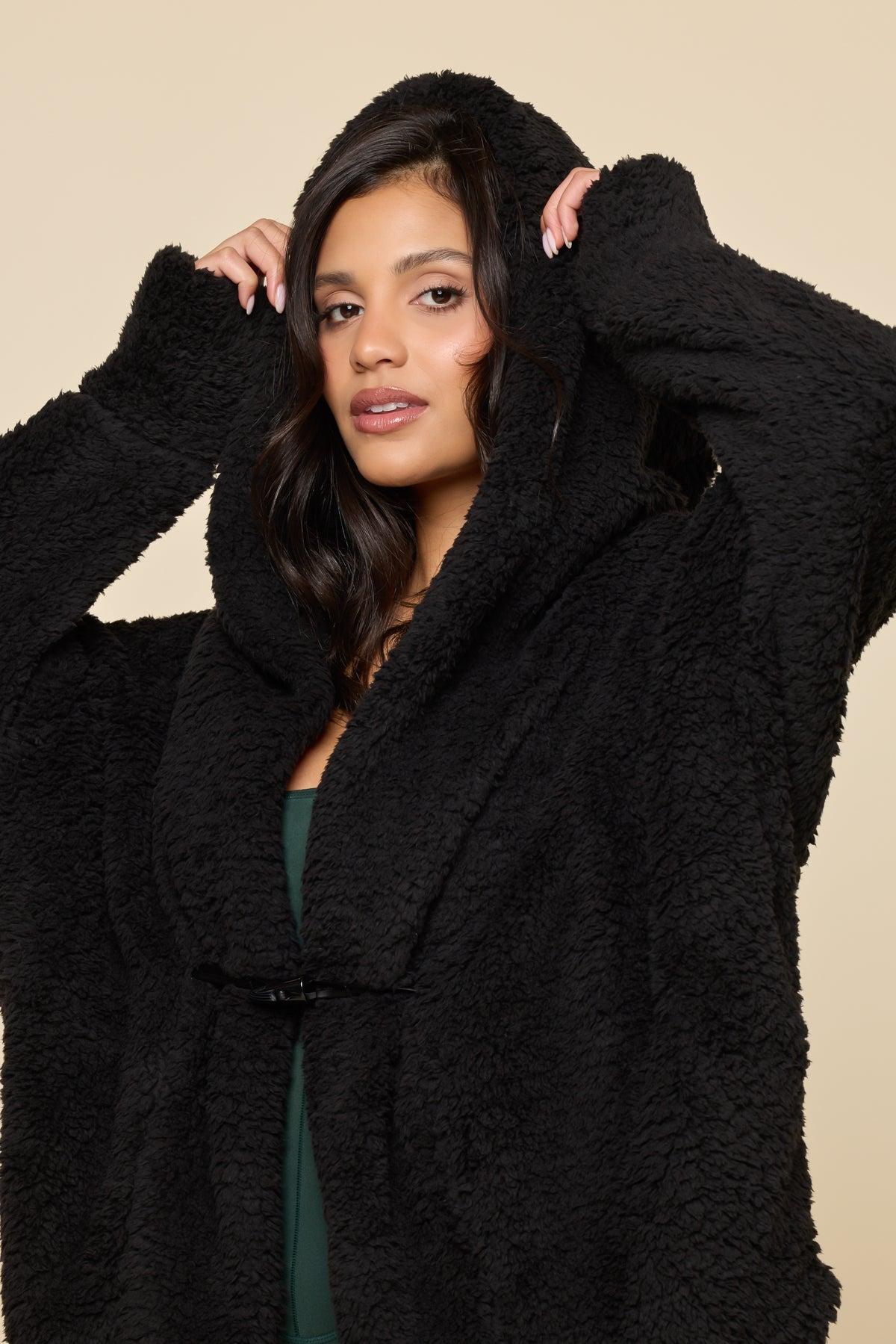 Faux Sherpa Cocoon Coat - Black Product Image