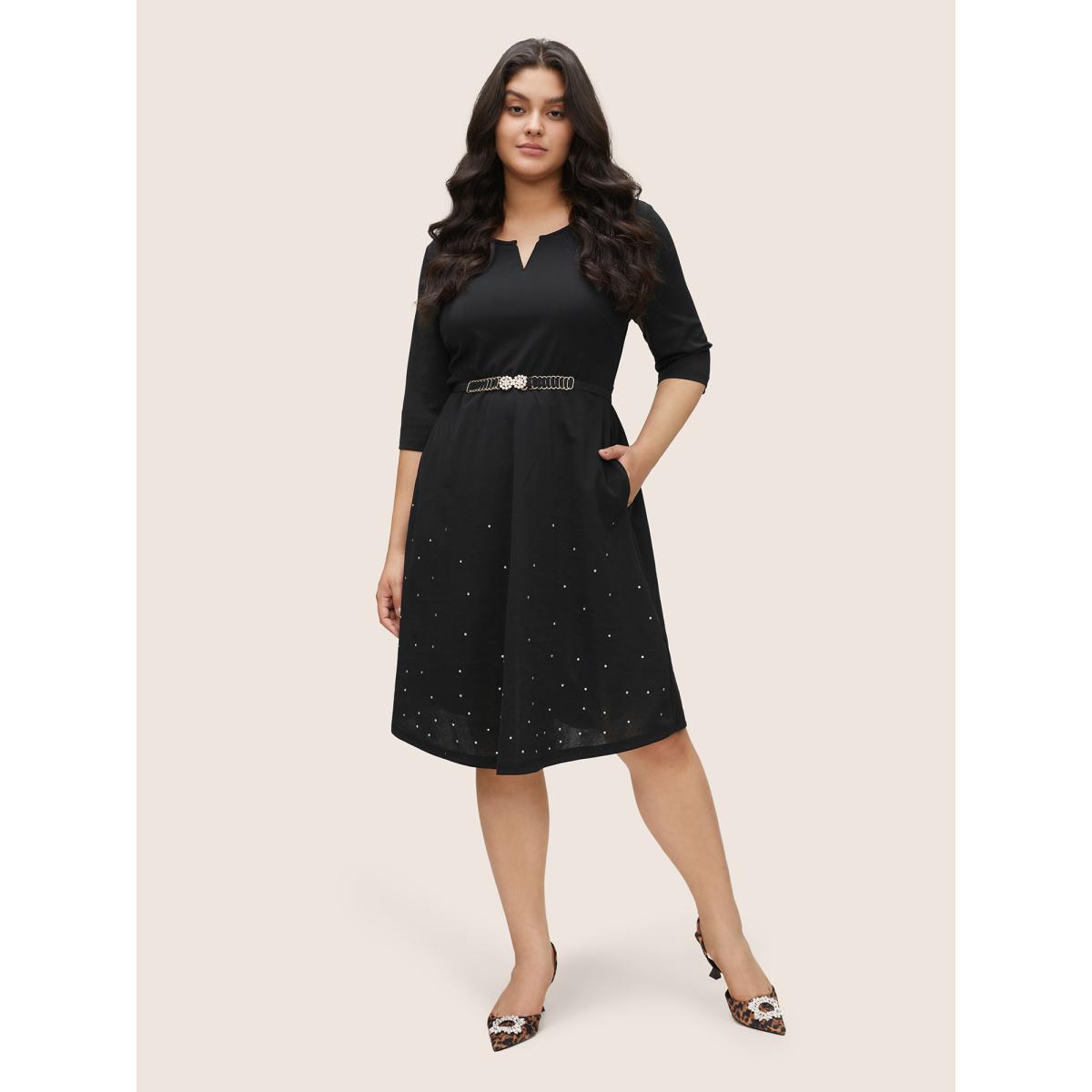 Plus Size Rhinestone Notched Pocket Curved Hem Dress Black Women Glamour Rhinestone detailing Notched collar Half Sleeve Curvy Midi Dress BloomChic 12/L Product Image