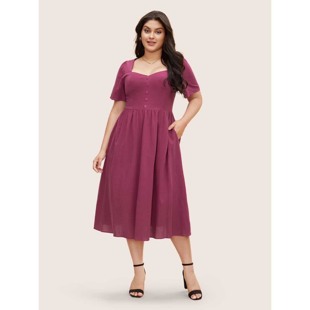 Plus Size Cotton Square Neckline Midi Dress RedViolet Women Elegant Texture Heart neckline Short sleeve Curvy BloomChic 28/5X Product Image