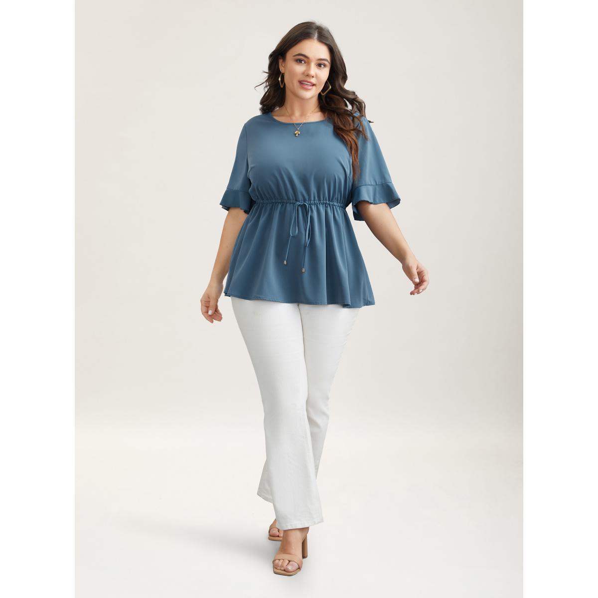 Plus Size Cerulean Ruffled Edge Sleeve Waist-Tie Shirt Women Casual Half Sleeve Round Neck Everyday Blouses BloomChic 28/5X Product Image