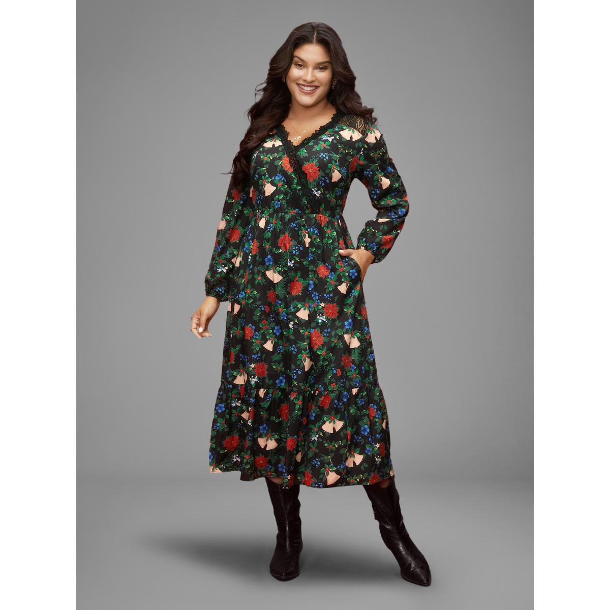 Plus Size Floral Lace Surplice Neckline Midi Dress Emerald Women Elegant Woven ribbon&lace trim Overlap Collar Long Sleeve Curvy BloomChic 22-24/3X Product Image