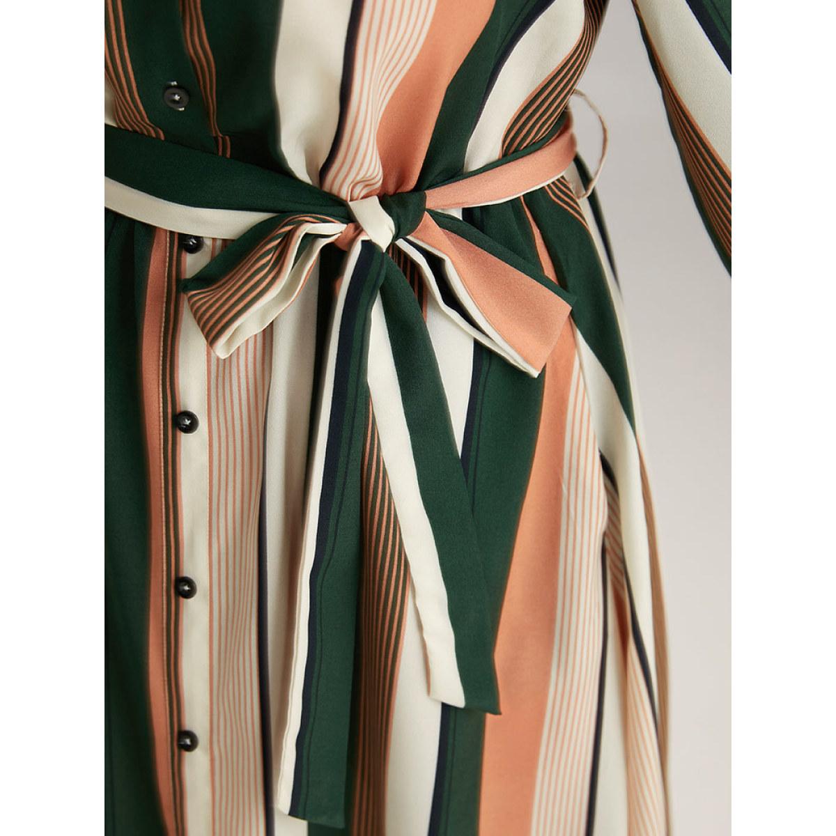 Plus Size Striped Belted Shirt Collar Button Through Dress Multicolor Women At the Office Printed Shirt collar Long Sleeve Curvy Midi Dress BloomChic 30/6X Product Image