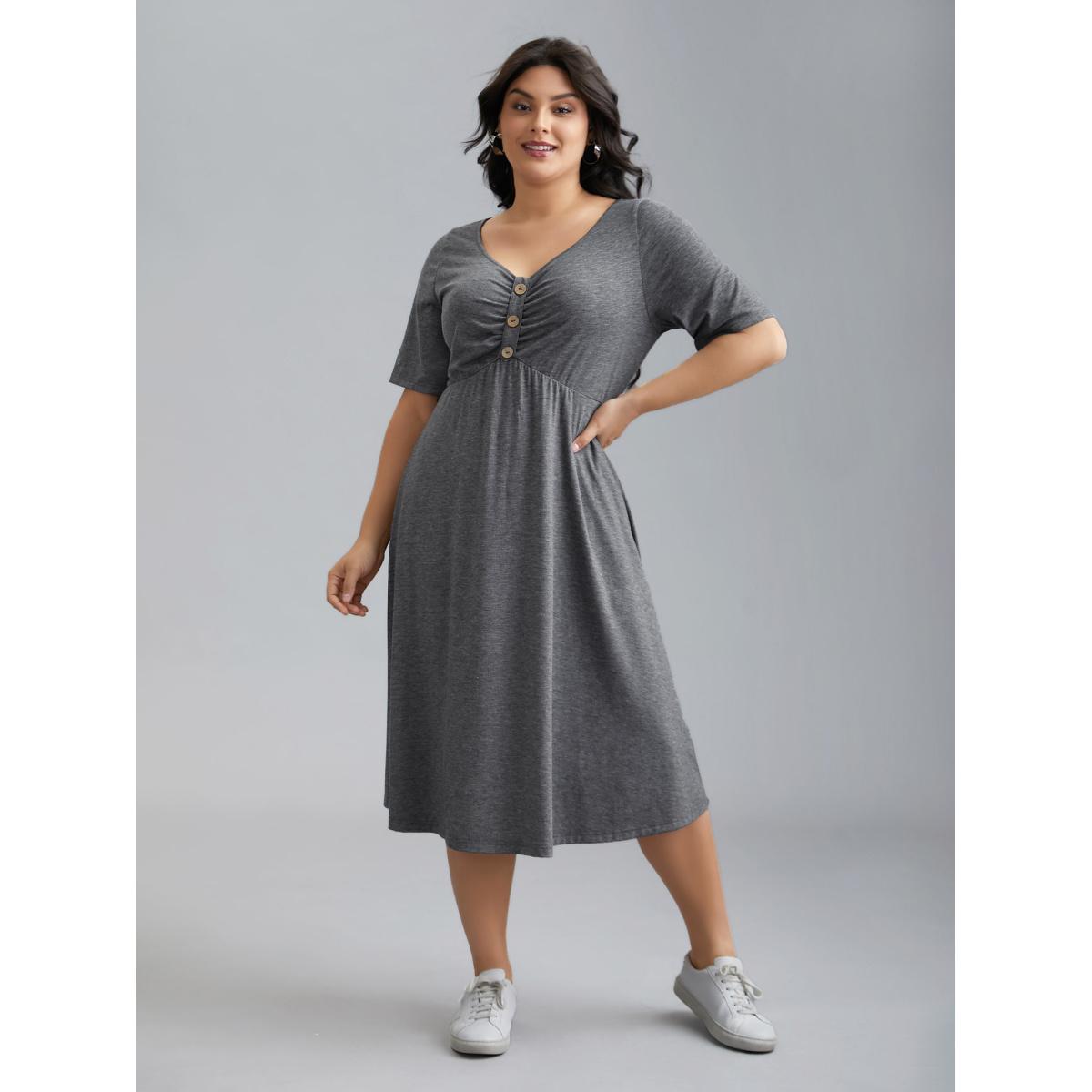 Plus Size Gathered Button Detail Plain Knit Dress DimGray Women Casual Gathered Knit Dresses Bloomchic 26/4X Product Image
