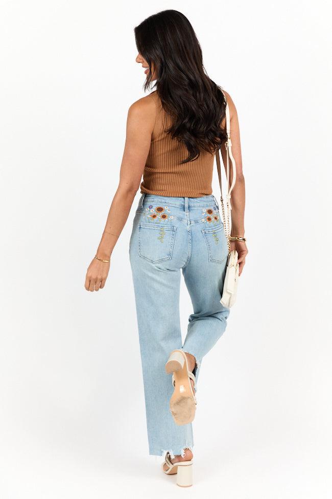 Lily Medium Wash Floral Embroidered Crop Relaxed Jeans FINAL SALE Product Image