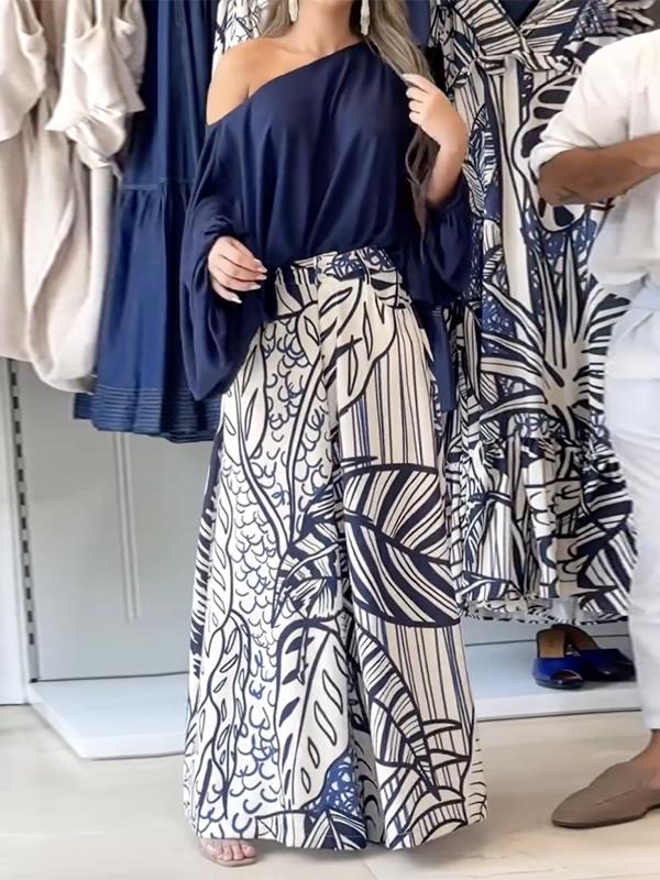 Loose Puff Sleeves Solid Color Off-The-Shoulder Blouses& Printed Pants Two Pieces Set Product Image