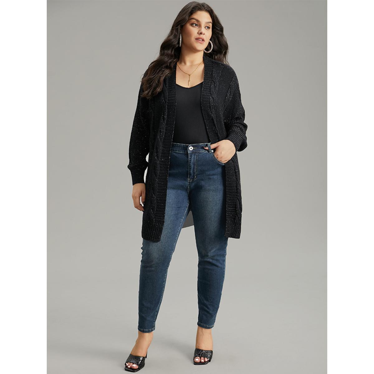 Plus Size Lurex Cable Knit Drop Shoulder Cardigan Black Women Casual Loose Long Sleeve Dailywear Cardigans BloomChic 30/6X Product Image