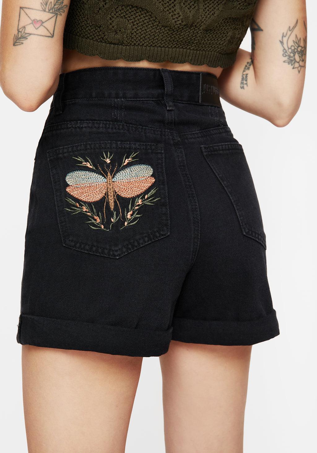 Griffinfly Embroidered Distressed Denim Shorts Product Image