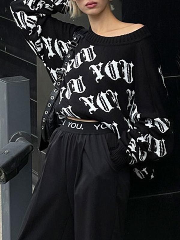 Street Irregular Jacquard Crew Neck Sweater Product Image