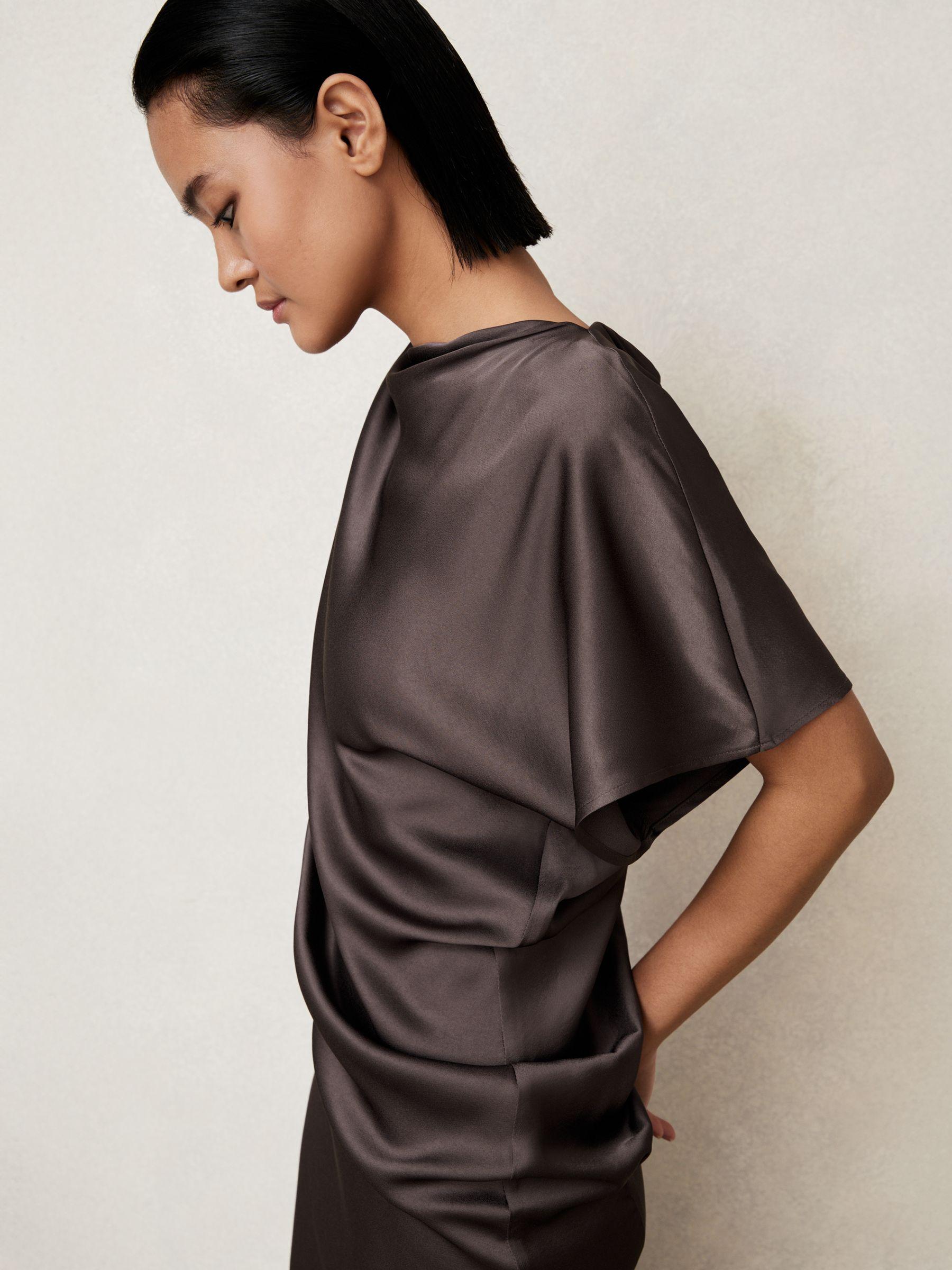 Satin Asymmetric Draped Midi Dress in Mauve Product Image