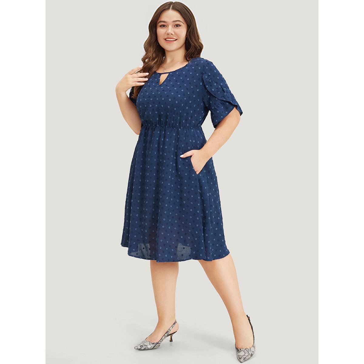 Plus Size Polka Dot Pocket Cut Out Petal Sleeve Dress DarkBlue Women Office Plain Round Neck Short sleeve Curvy Midi Dress BloomChic 12/L Product Image