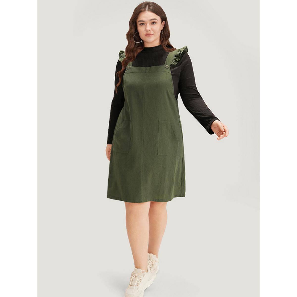 Plus Size Solid Square Neck Button Up Pocket Ruffle Trim Cami Dress ArmyGreen Women Casual Plain Spaghetti Strap Sleeveless Curvy Knee Dress BloomChic 10/M Product Image