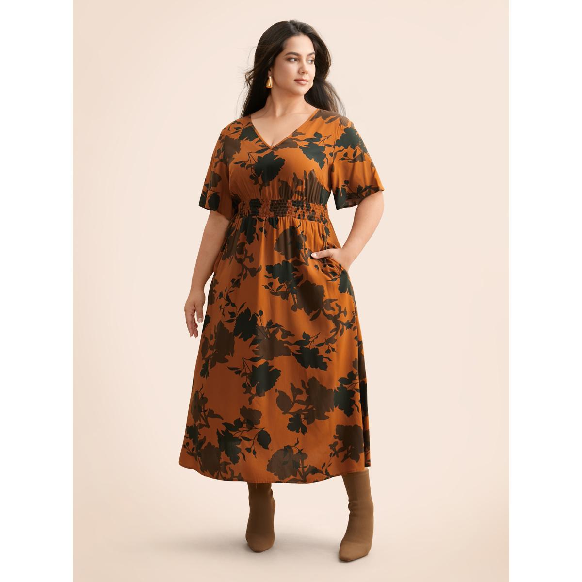 Plus Size Silhouette Floral Print Ruffle Sleeve Dress OrangeRed Women Elegant Shirred V-neck Half Sleeve Curvy BloomChic 22-24/3X Product Image