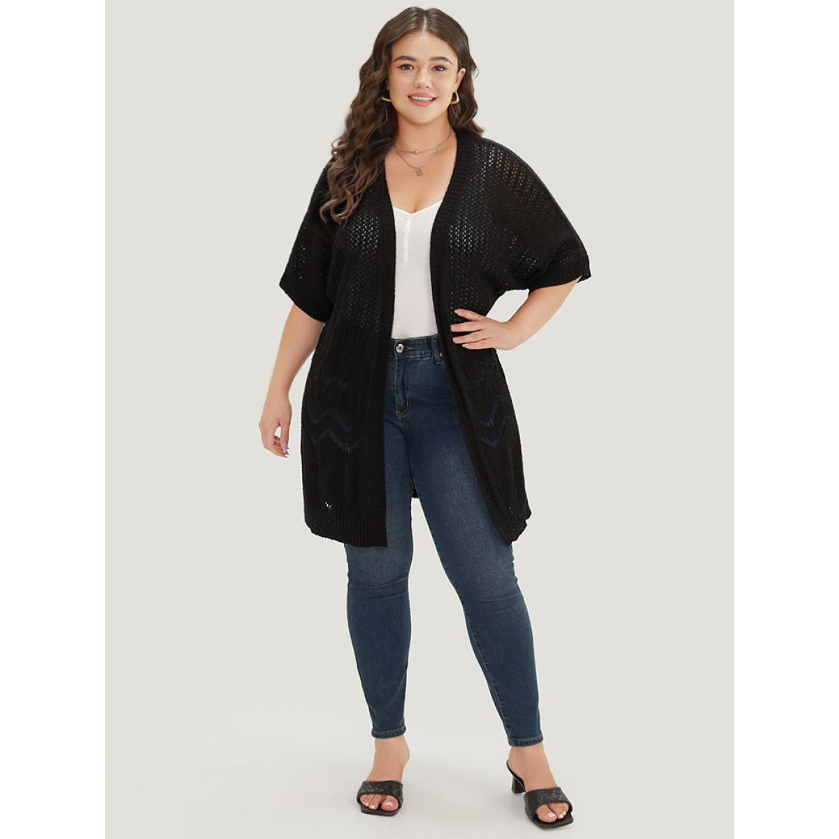 Plus Size Plain Pointelle Knit Open Front Batwing Sleeve Cardigan Black Women Casual Short sleeve Everyday Cardigans BloomChic 28/5X Product Image