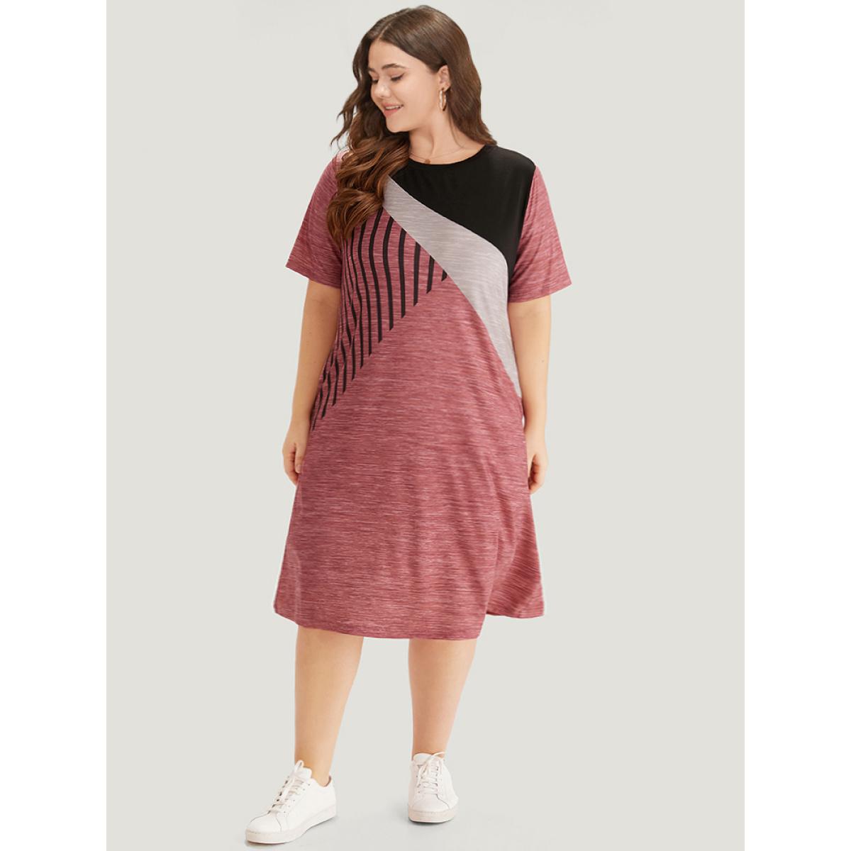Plus Size Colorblock Contrast Striped Pocket Crew Neck Dress Russet Women Casual Patchwork Round Neck Short sleeve Curvy Midi Dress BloomChic 28/5X Product Image