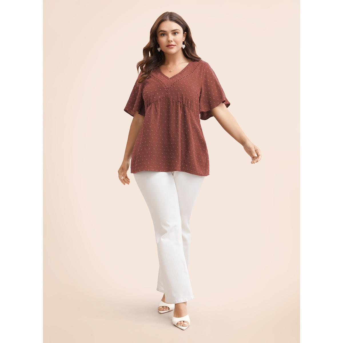 Plus Size Chocolate Polka Dot Frill Trim V Neck Flutter Blouse Women Elegant Short sleeve V-neck Work Blouses BloomChic 10/M Product Image