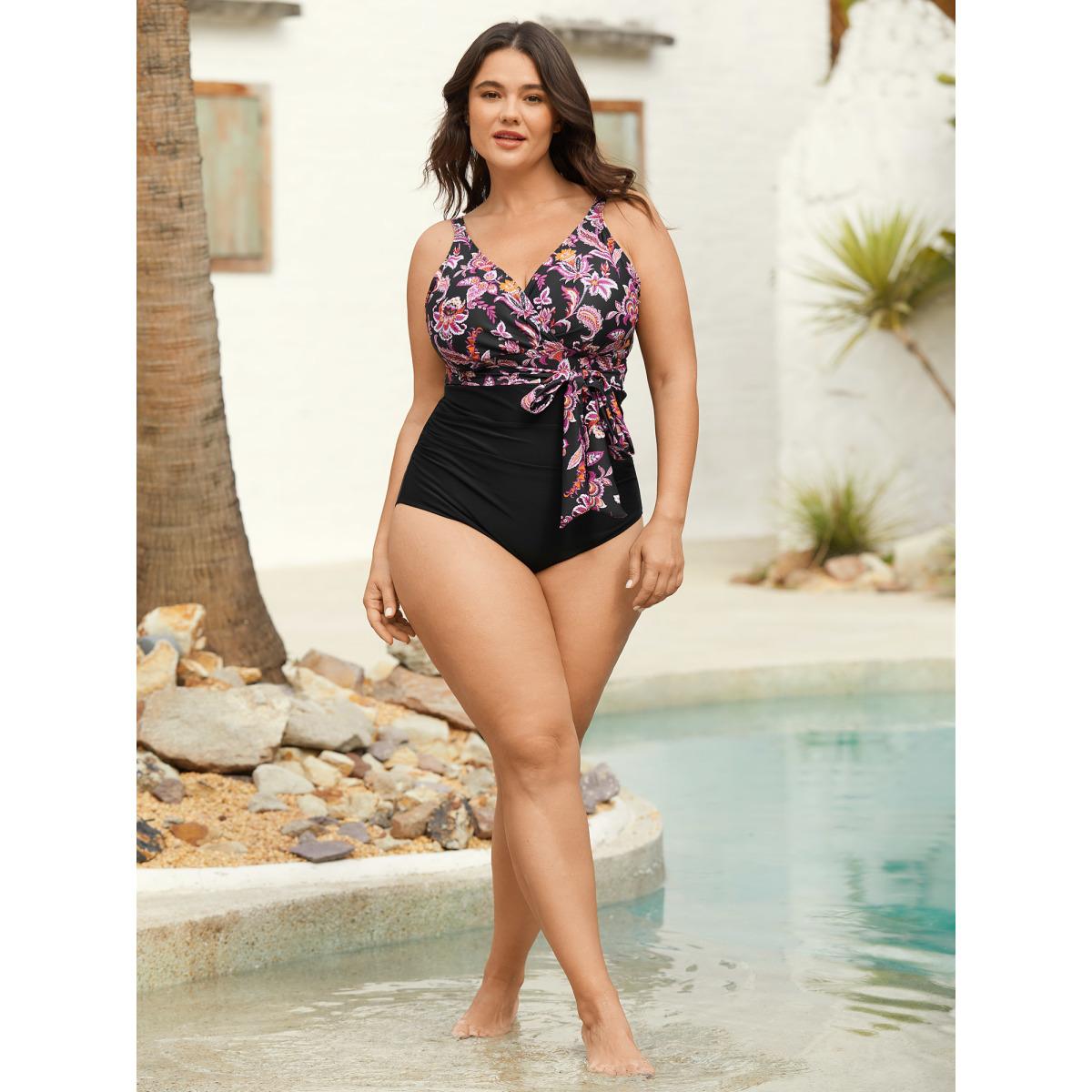 Plus Size Floral Print Front-Knot One-Piece Swimsuit Women's Swimwear Black Beach Tie knot Curve Bathing Suits High stretch One Pieces BloomChic 14-16/1X Product Image