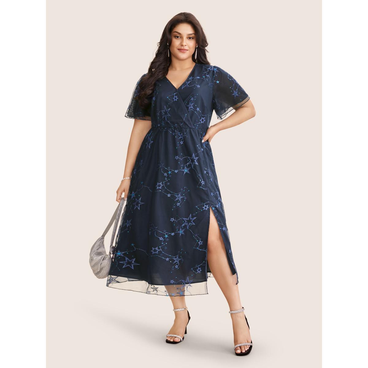 Plus Size Star Embroidered Mesh Split Hem Dress DarkBlue Women Formal See through Overlap Collar Short sleeve Curvy BloomChic 14-16/1X Product Image