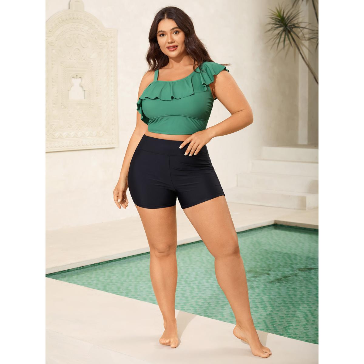 Plus Size Ruffled Asymmetrical Shoulder Strap Swim Top Women's Swimwear Greenbean Resort Ruffles High stretch Skinny Asymmetrical Neck Curve Swim Tops BloomChic 12/L Product Image