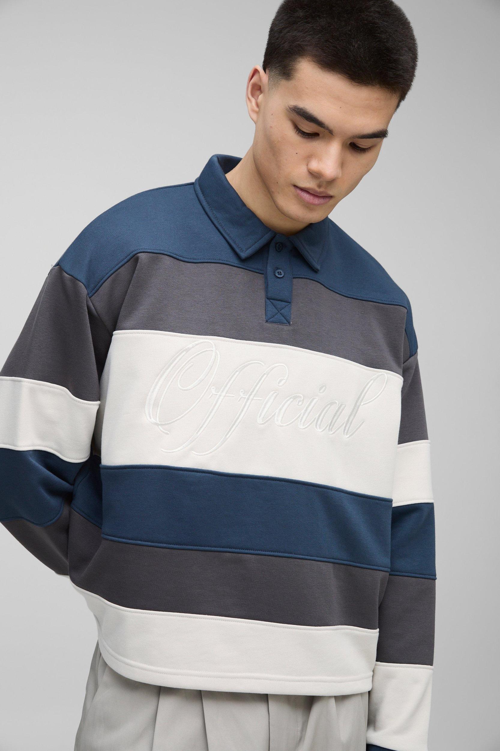 Oversized Boxy Stripe Embroidered Rugby Polo | boohooMAN USA Product Image