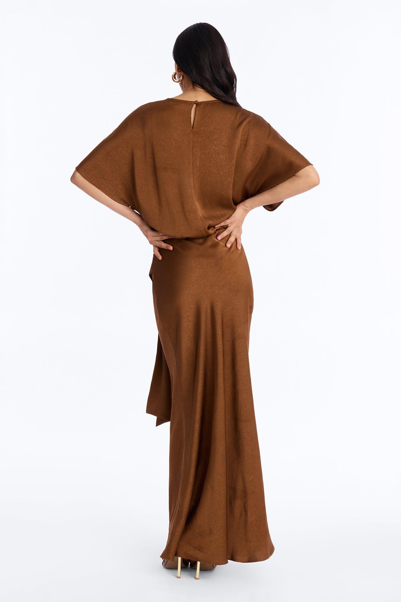 Golden Hour Short Sleeve Satin Maxi Dress - Chocolate Female Product Image