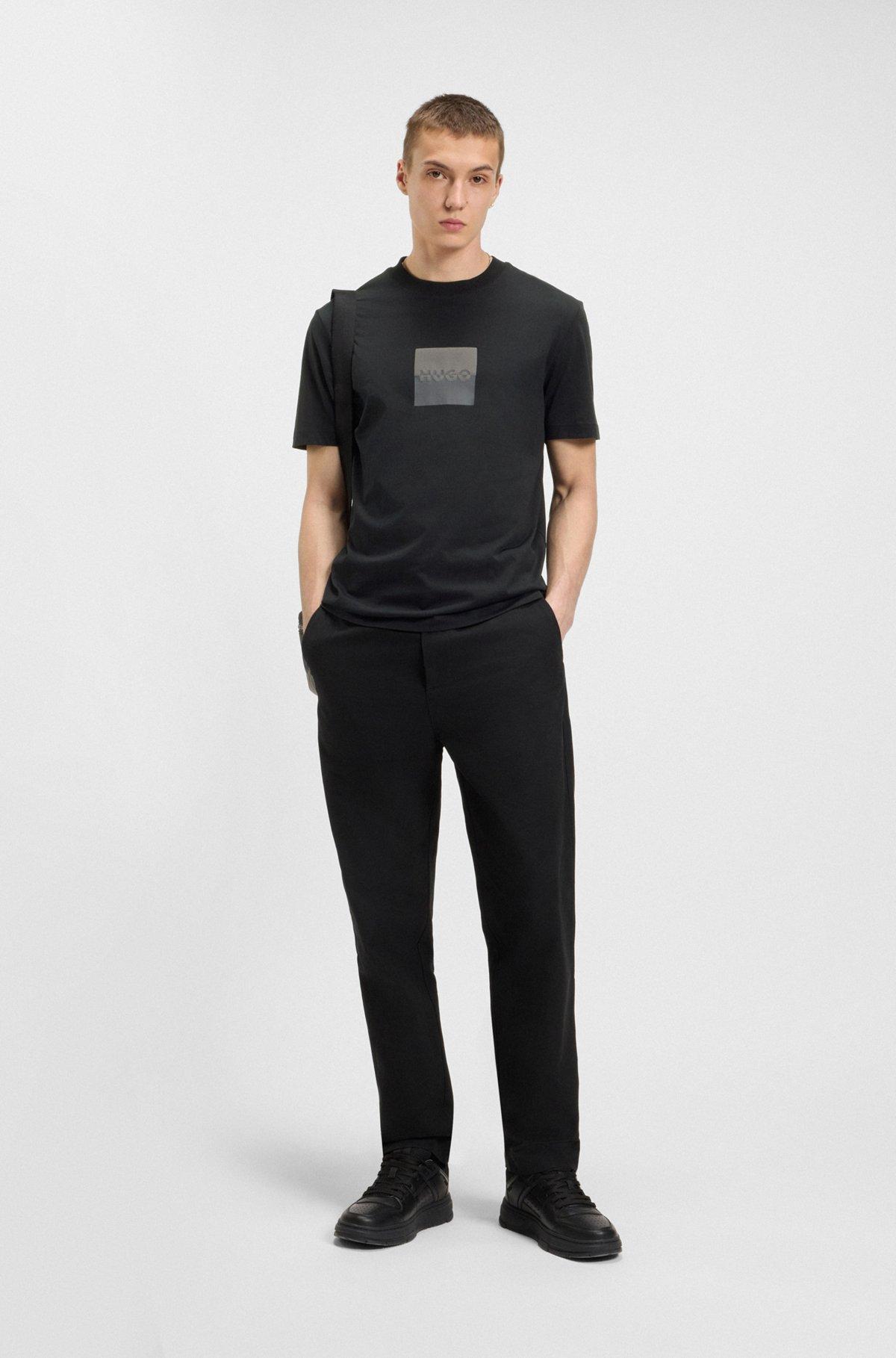 HUGO - Cotton-jersey T-shirt with split-logo print - Black Product Image