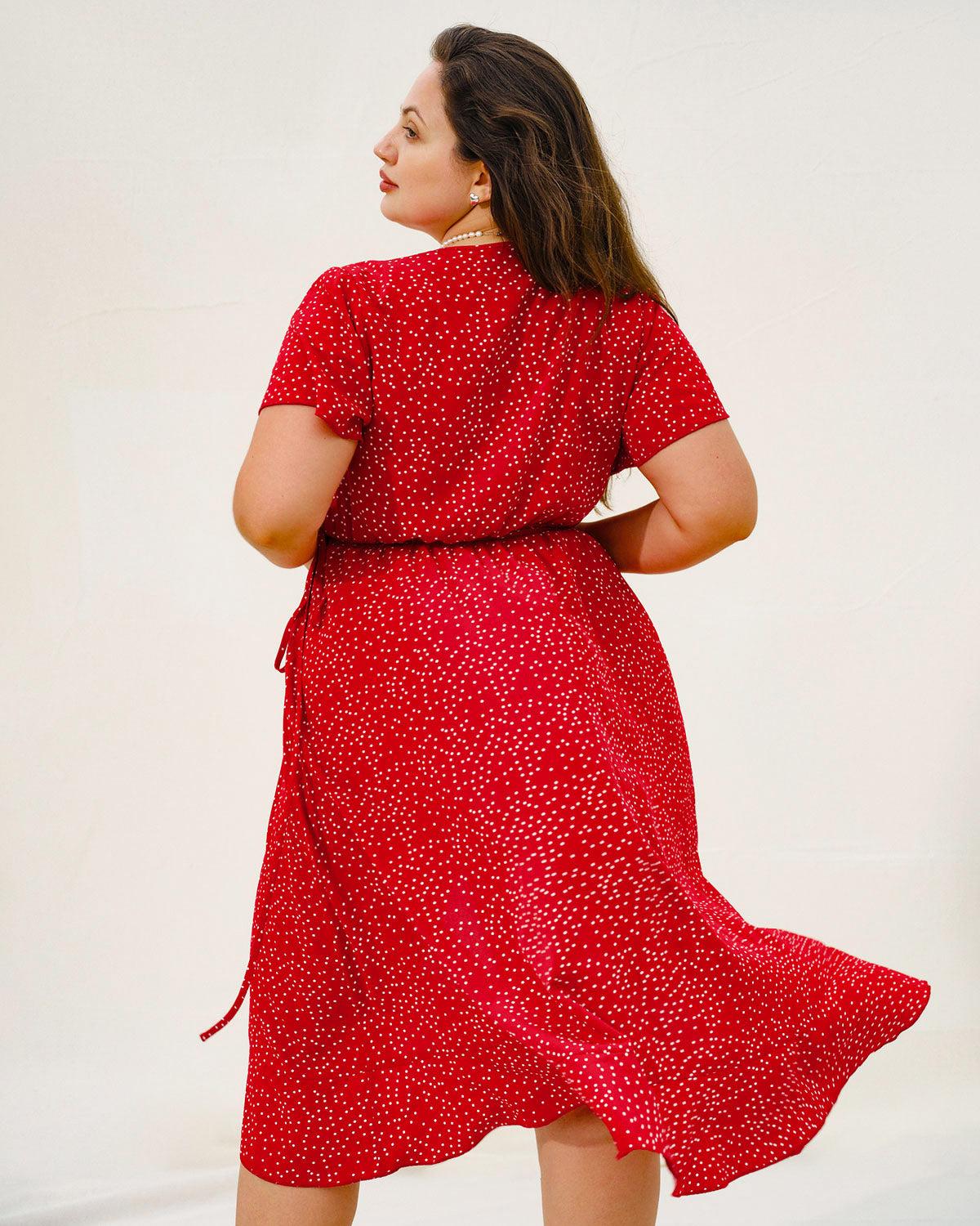 Plus Size Red V Neck Polka Dot  Midi Dress Product Image