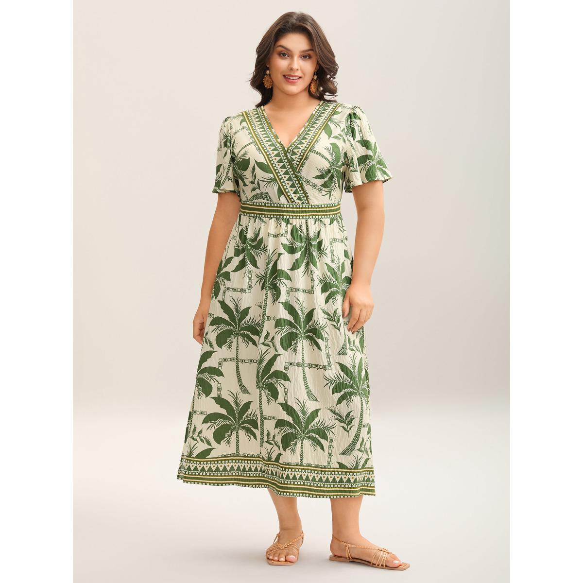 Plus Size Tropical Tree Print Contrast Hem Maxi Dress Moss Women Overlap Collar Short sleeve Curvy BloomChic 28/5X Product Image