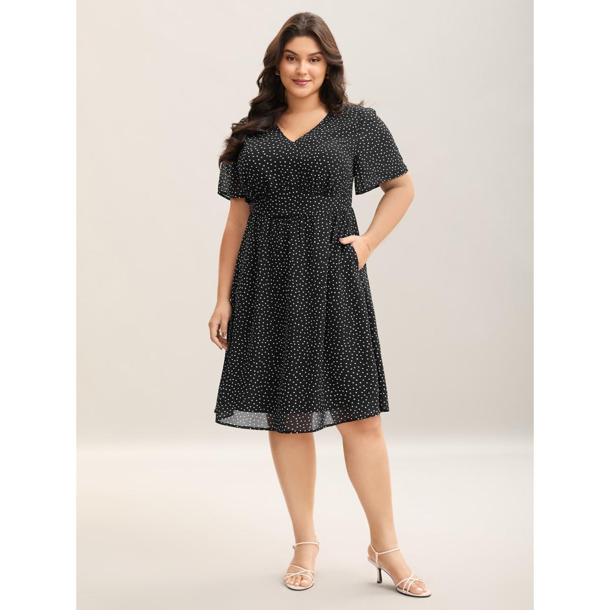 Plus Size Dot Print Stretchy Waist Chiffon Midi Dress Black Women V-neck Short sleeve Curvy BloomChic 12/L Product Image