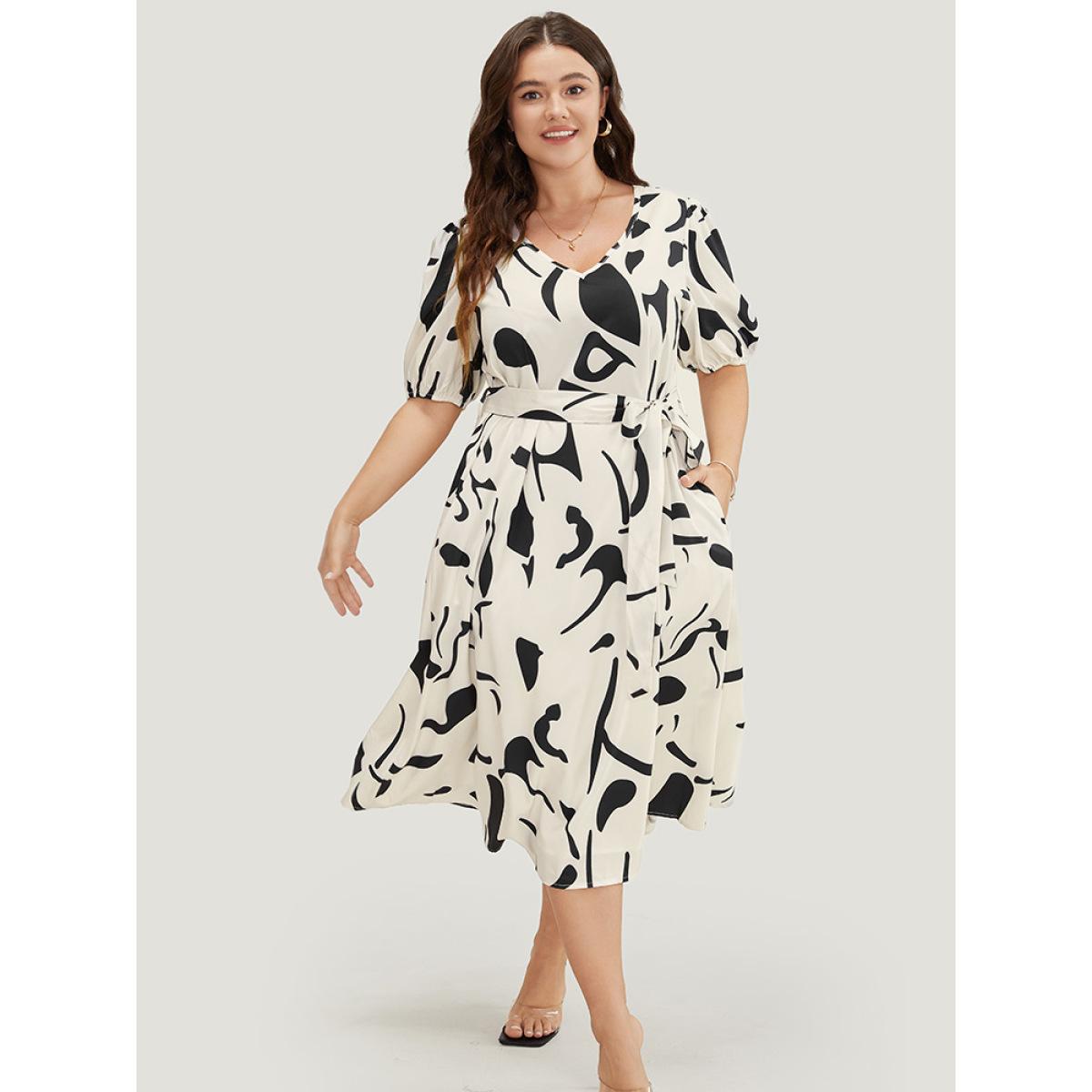 Plus Size Geometric Print Pocket Flutter Hem Belted Puff Sleeve Dress Multicolor Women Elegant Belted V-neck Short sleeve Curvy Midi Dress BloomChic 22-24/3X Product Image