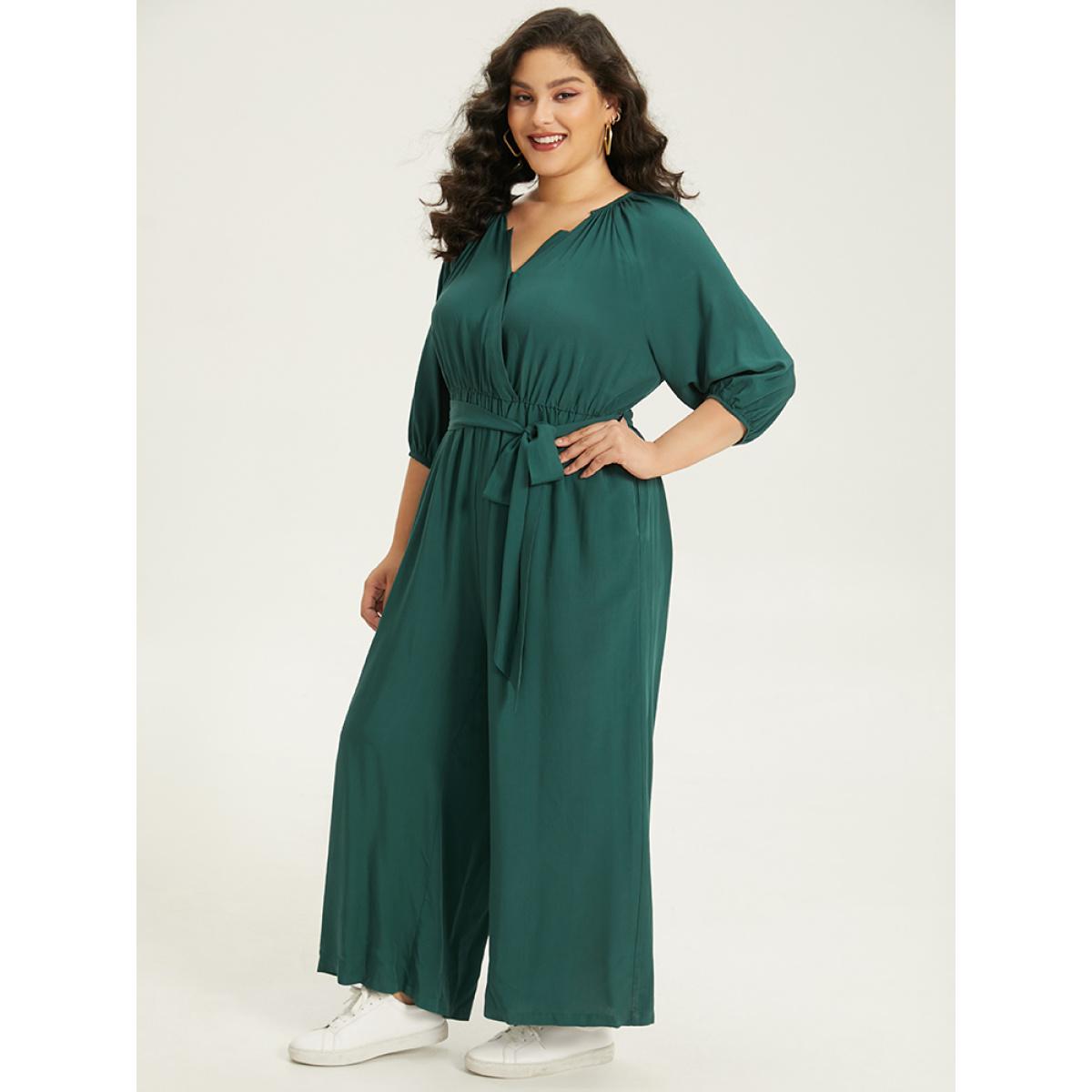 Plus Size Cyan Plain Notched Belted Gathered Lantern Sleeve Jumpsuit Women Casual Elbow-length sleeve Notched collar Dailywear Loose Jumpsuits BloomChic 28/5X Product Image