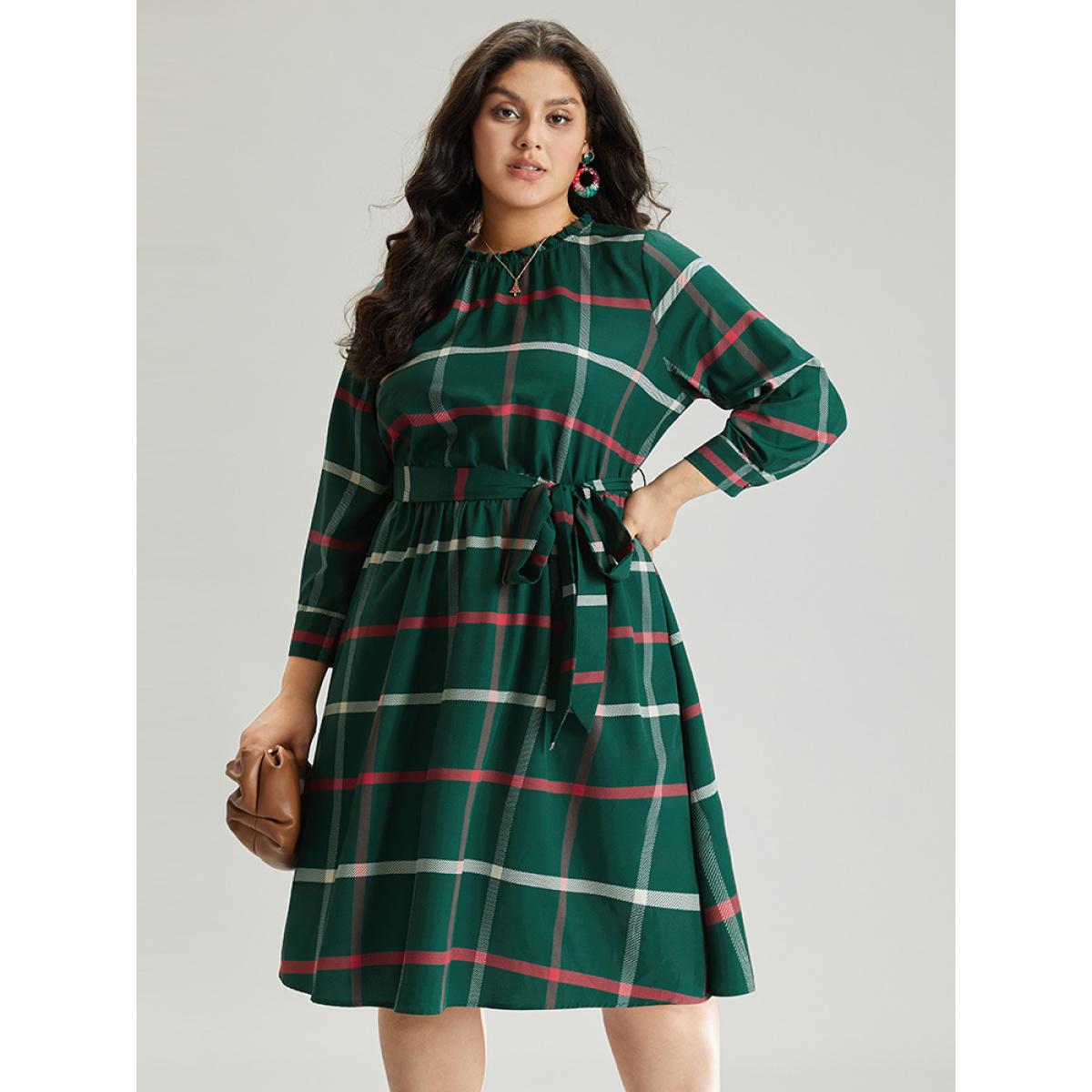 Plus Size Plaid Stand Collar Gathered Belted Dress Multicolor Women Office Printed Stand-up collar Elbow-length sleeve Curvy Midi Dress BloomChic 22-24/3X Product Image