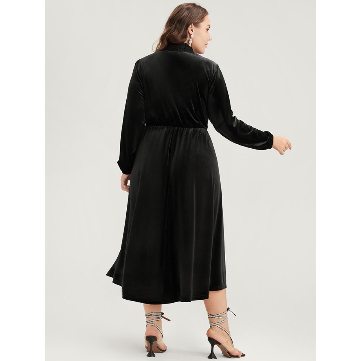 Plus Size Solid Lace Pocket Velvet Shirred Mock Neck Flutter Dress Black Women Glamour Patchwork Mock Neck Long Sleeve Curvy Midi Dress BloomChic 14-16/1X Product Image