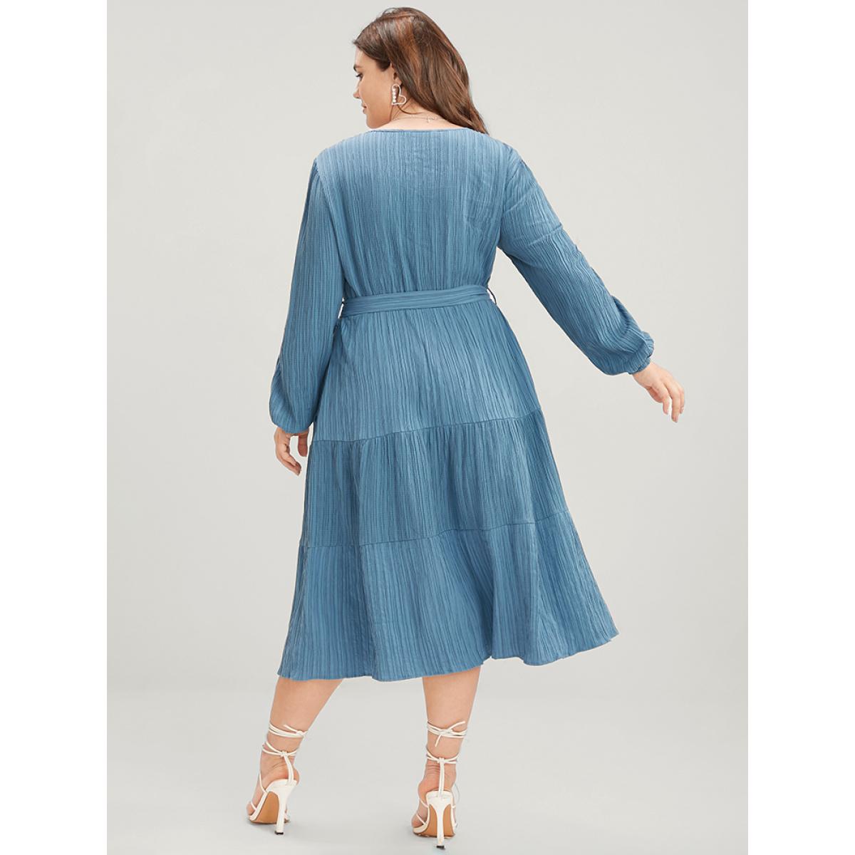 Plus Size Solid Textured V Neck Pocket Shirred Belted Flutter Dress Aegean Women Elegant Tiered V-neck Long Sleeve Curvy Midi Dress BloomChic 10/M Product Image