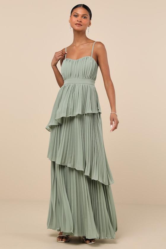 Jehona Sage Brush Pleated Tiered Maxi Dress Product Image