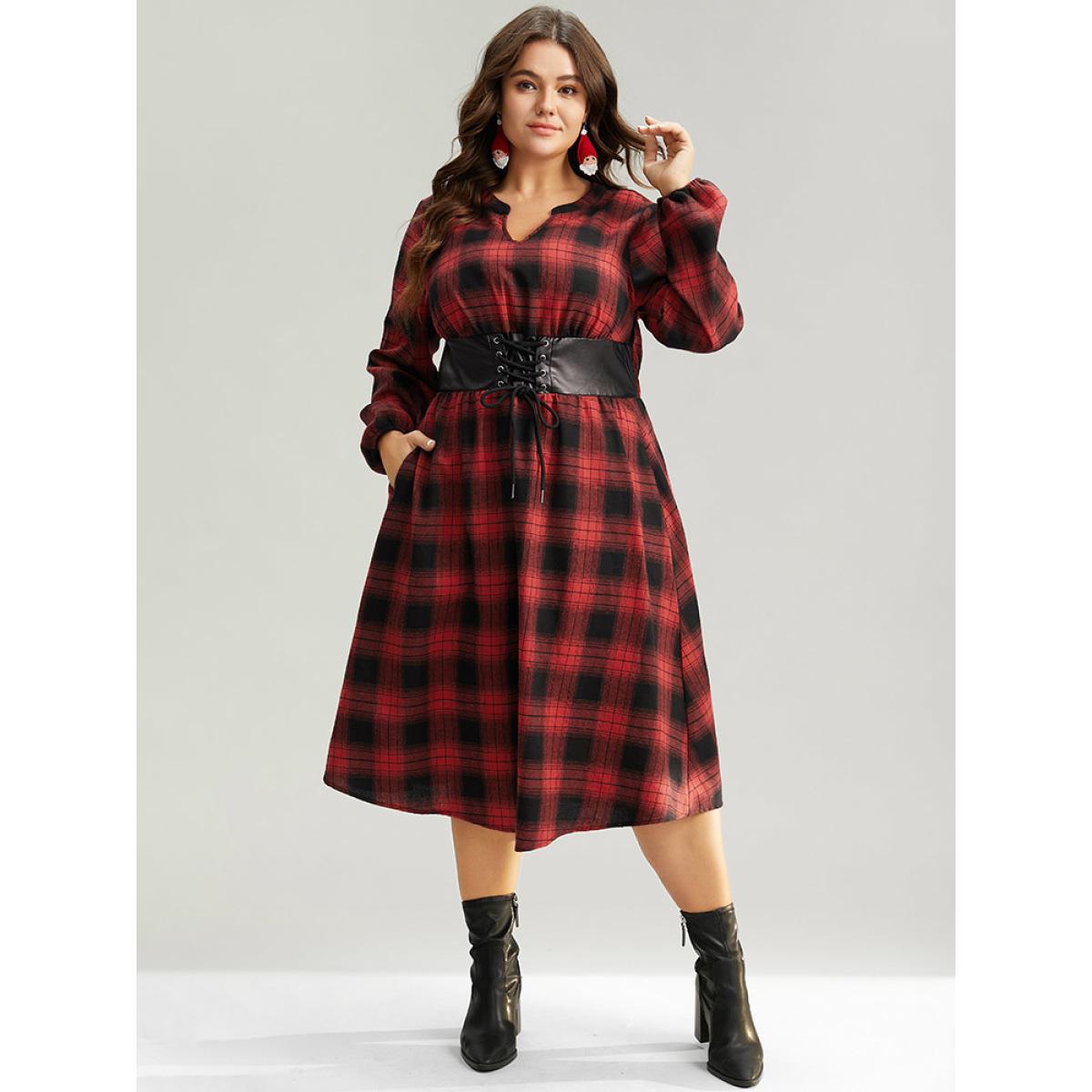 Plus Size Plaid Lace Up PU Leather Notched Dress Raspberry Women Elegant Elastic cuffs Notched collar Long Sleeve Curvy Midi Dress BloomChic 12/L Product Image