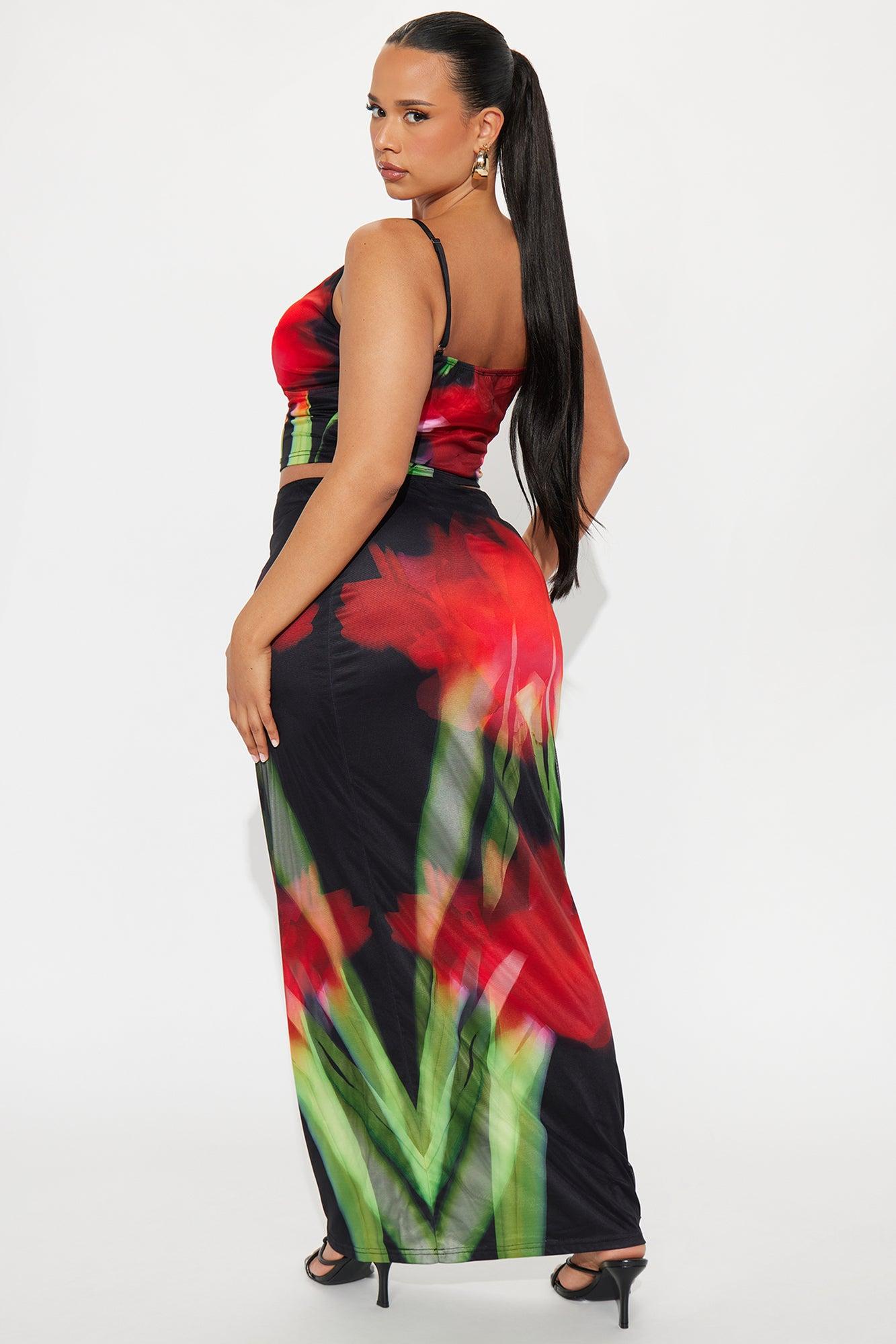 Reckless Romance Mesh Maxi Skirt Set - Red/Black Product Image