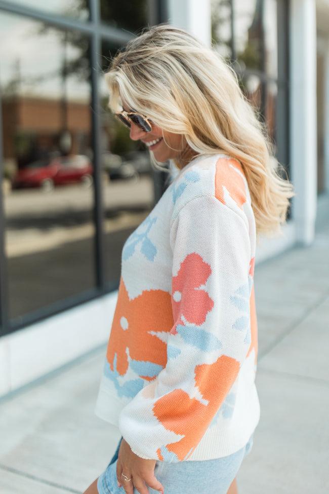 Fact Of The Matter Coral Multi Floral Crew Neck Sweater FINAL SALE Product Image