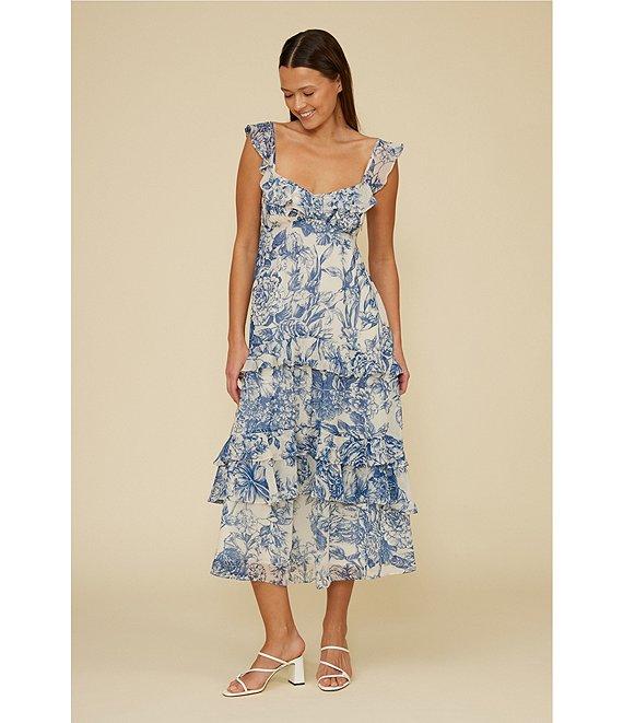 Lucy Paris Cassandra Floral Print Sweetheart Neck Ruffle Tiered Midi Dress Product Image