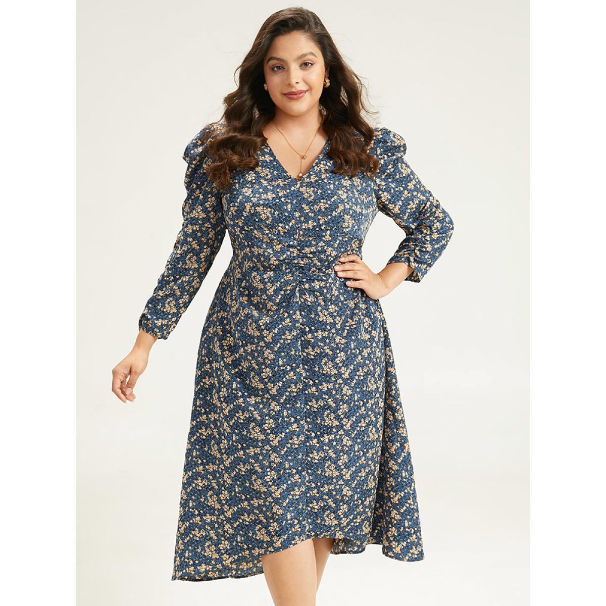 Plus Size Ditsy Floral Ruched Puff Sleeve Dress Aegean Women Elegant Printed V-neck Elbow-length sleeve Curvy Midi Dress BloomChic 28/5X Product Image