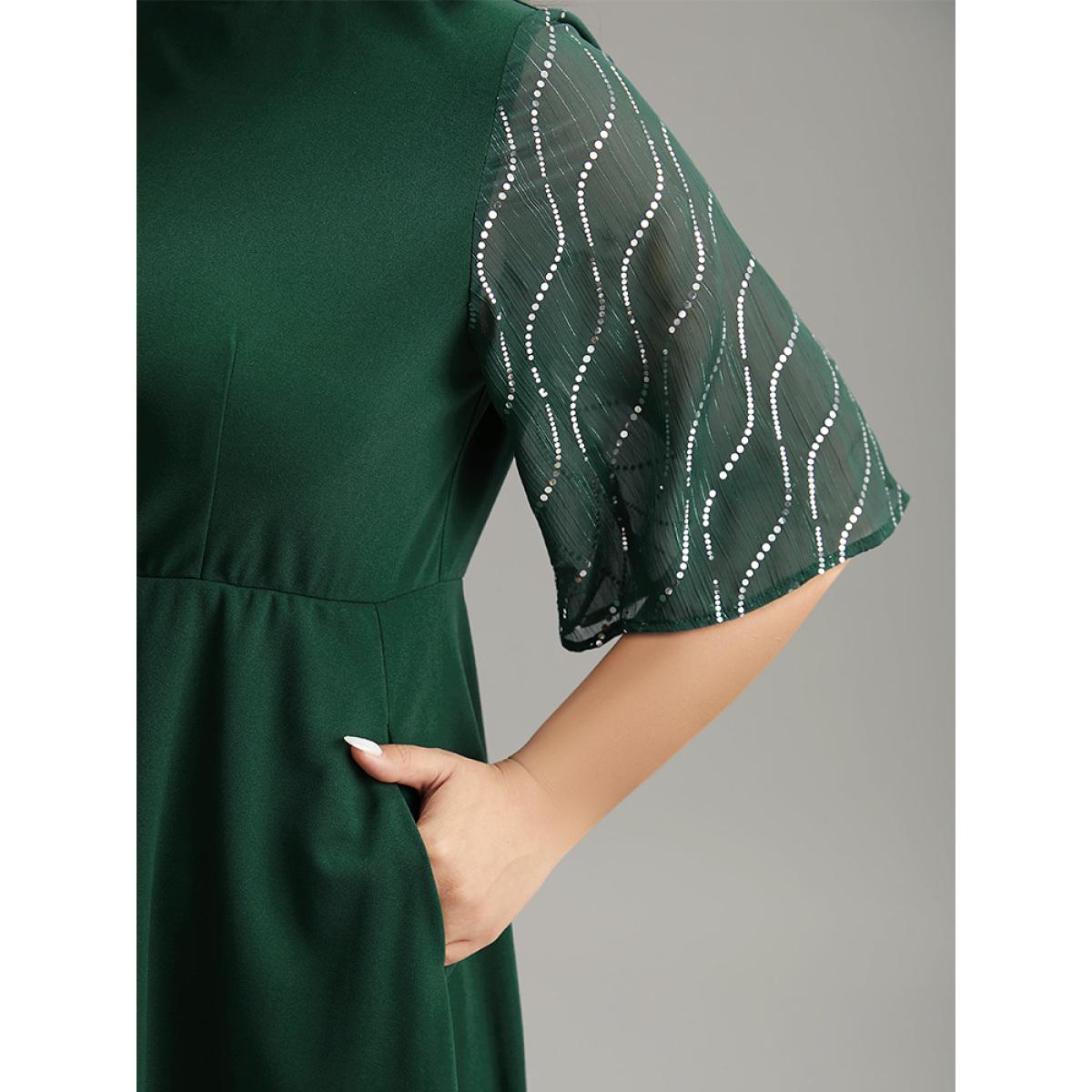 Plus Size Plain Mesh Sequin Patchwork Ruffle Sleeve Dress DarkGreen Women Party Sequin Stand-up collar Short sleeve Curvy Midi Dress BloomChic 14-16/1X Product Image